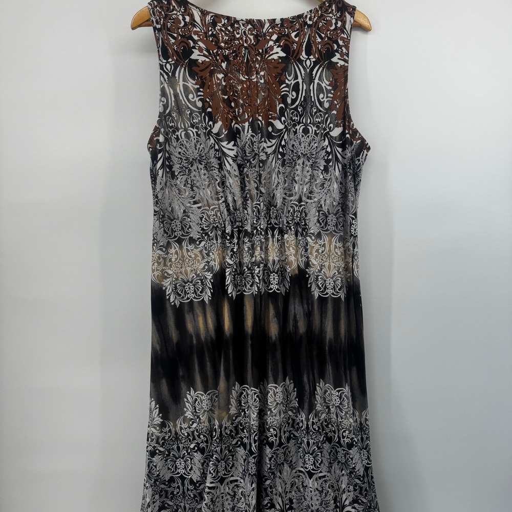Boho Maxi Dress 0X 14/16W Embellished Beaded Neck Brown Black Stretch Resort - Picture 15 of 16